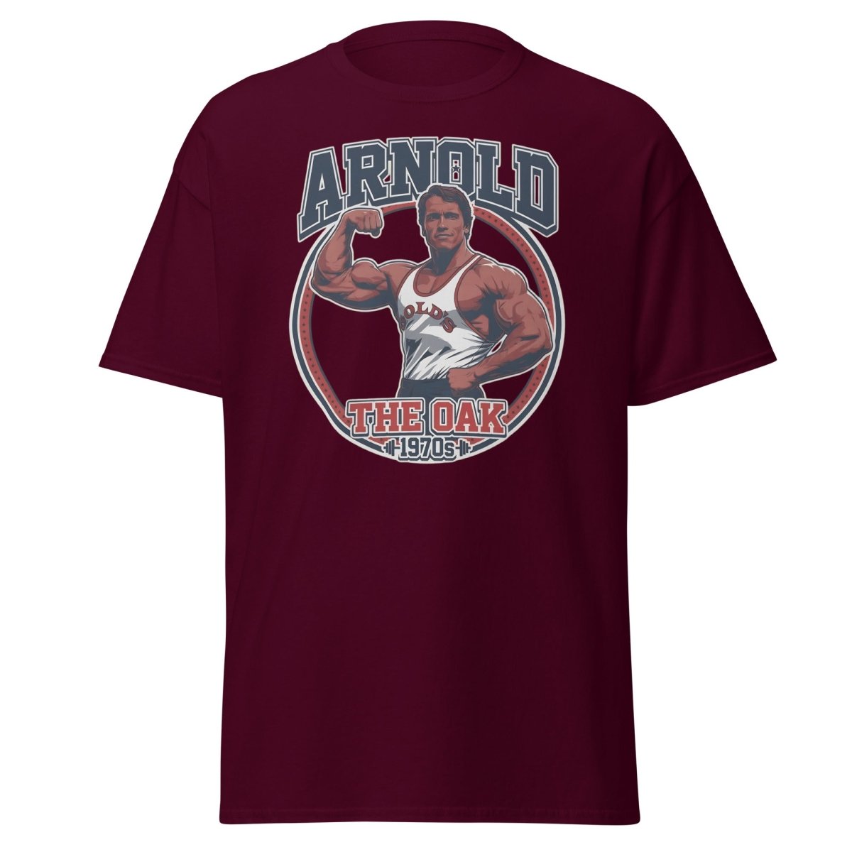 Arnold The Oak 1970s Vintage Bodybuilding T-Shirt - Maroon - TeeRipple