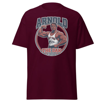 Arnold The Oak 1970s Vintage Bodybuilding T-Shirt - Maroon - TeeRipple