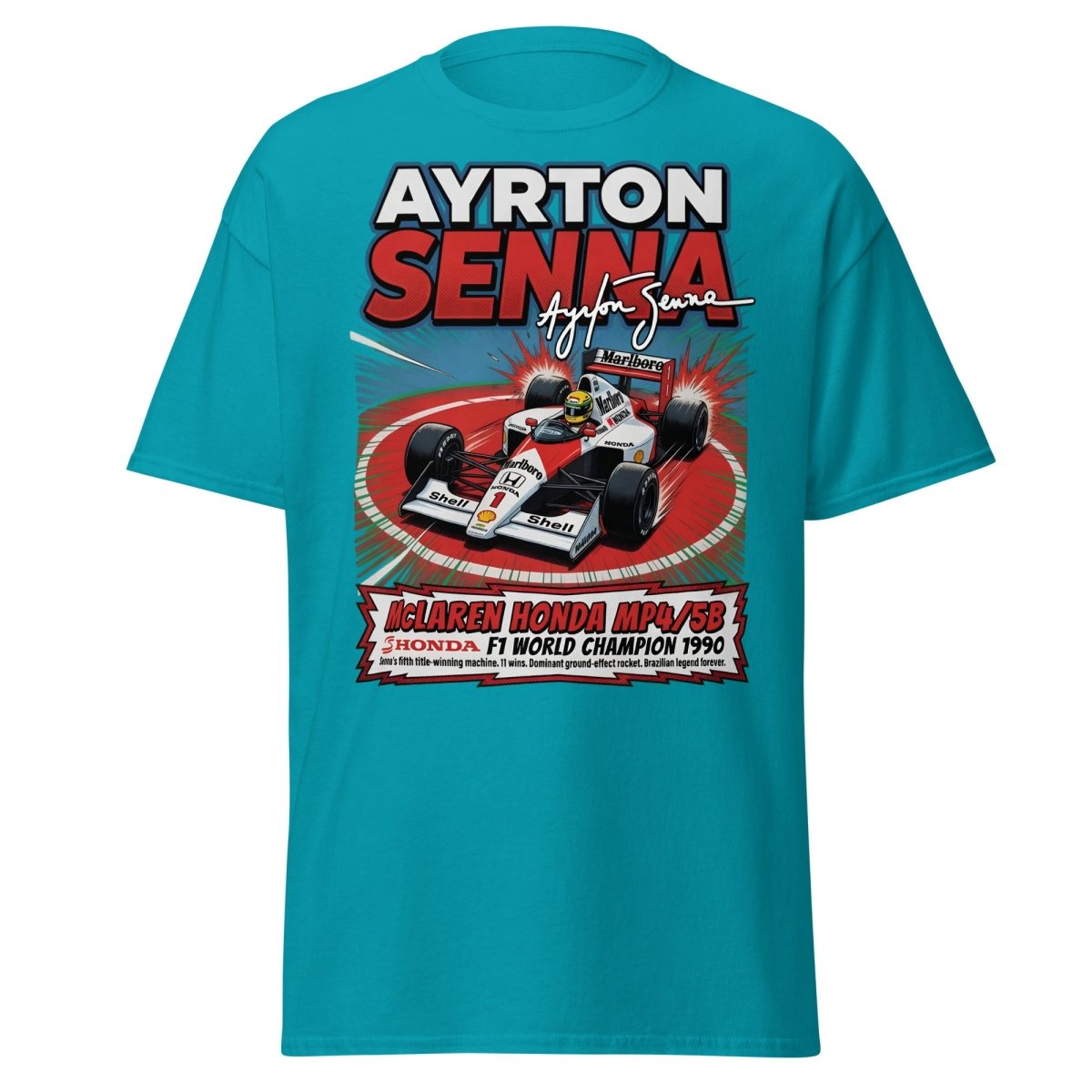 Ayrton Senna McLaren Honda MP4/5B 1990 F1 Champion T-Shirt - Tropical Blue - TeeRipple