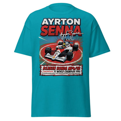 Ayrton Senna McLaren Honda MP4/5B 1990 F1 Champion T-Shirt - Tropical Blue - TeeRipple