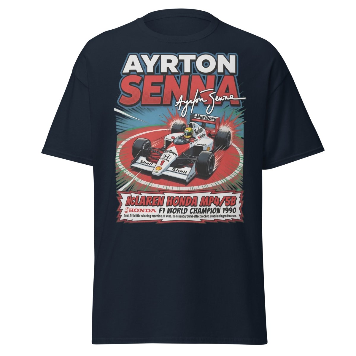 Ayrton Senna McLaren Honda MP4/5B 1990 F1 Champion T-Shirt - Navy - TeeRipple