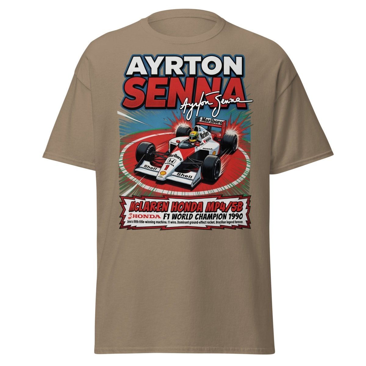 Ayrton Senna McLaren Honda MP4/5B 1990 F1 Champion T-Shirt - Brown Savana - TeeRipple