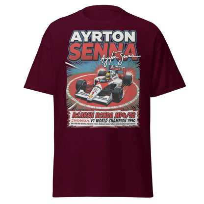 Ayrton Senna McLaren Honda MP4/5B 1990 F1 Champion T-Shirt - Maroon - TeeRipple
