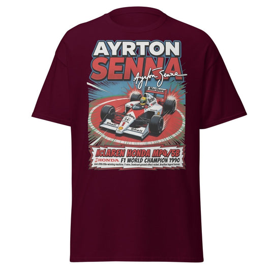 Ayrton Senna McLaren Honda MP4/5B 1990 F1 Champion T-Shirt - Maroon - TeeRipple