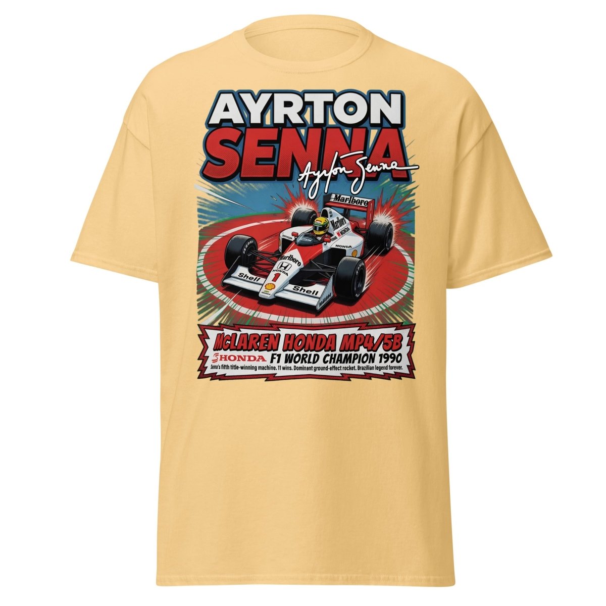 Ayrton Senna McLaren Honda MP4/5B 1990 F1 Champion T-Shirt - Yellow Haze - TeeRipple