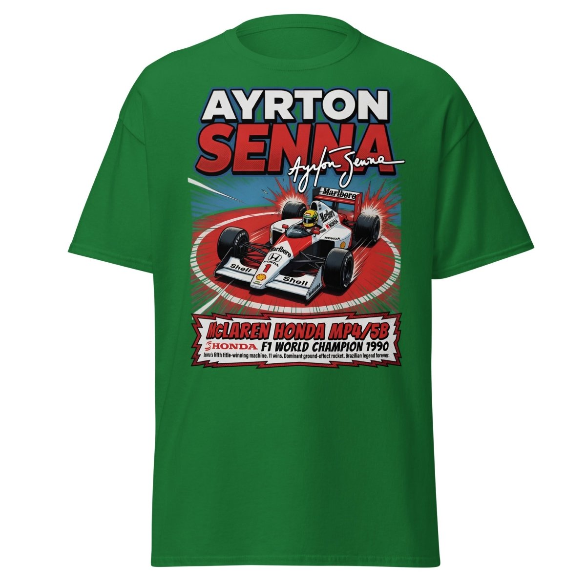 Ayrton Senna McLaren Honda MP4/5B 1990 F1 Champion T-Shirt - Turf Green - TeeRipple
