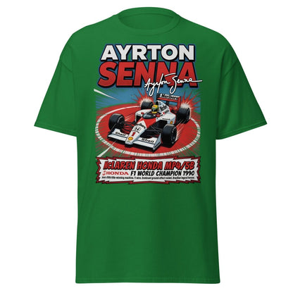 Ayrton Senna McLaren Honda MP4/5B 1990 F1 Champion T-Shirt - Turf Green - TeeRipple
