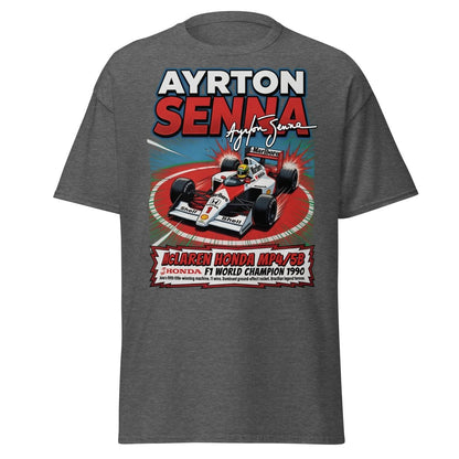 Ayrton Senna McLaren Honda MP4/5B 1990 F1 Champion T-Shirt - Dark Heather - TeeRipple