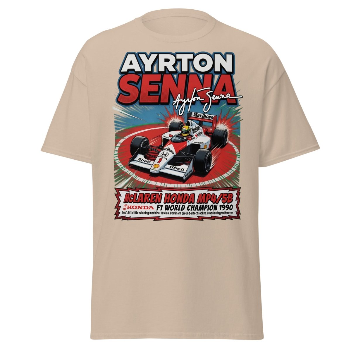 Ayrton Senna McLaren Honda MP4/5B 1990 F1 Champion T-Shirt - Sand - TeeRipple