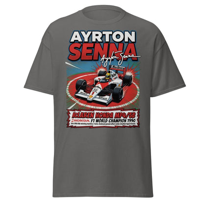 Ayrton Senna McLaren Honda MP4/5B 1990 F1 Champion T-Shirt - Charcoal - TeeRipple