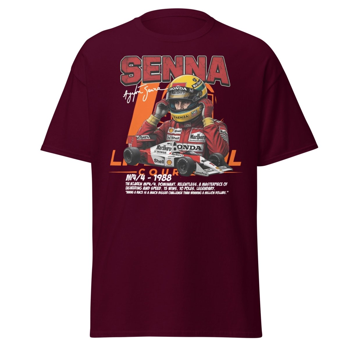 Ayrton Senna MP4/4 1988 McLaren F1 Racing T-Shirt - Maroon - TeeRipple