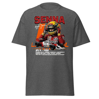 Ayrton Senna MP4/4 1988 McLaren F1 Racing T-Shirt - Dark Heather - TeeRipple
