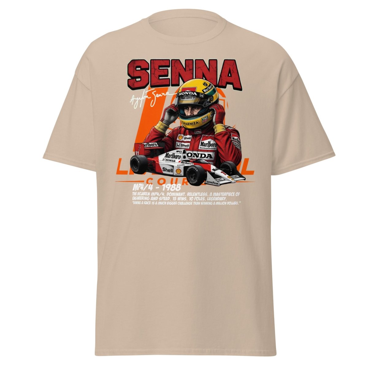 Ayrton Senna MP4/4 1988 McLaren F1 Racing T-Shirt - Sand - TeeRipple