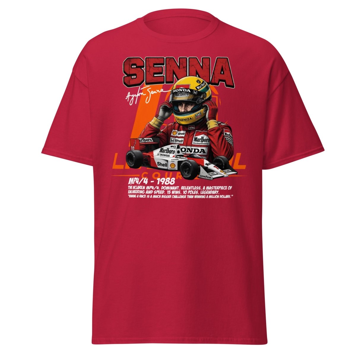 Ayrton Senna MP4/4 1988 McLaren F1 Racing T-Shirt - Cardinal - TeeRipple