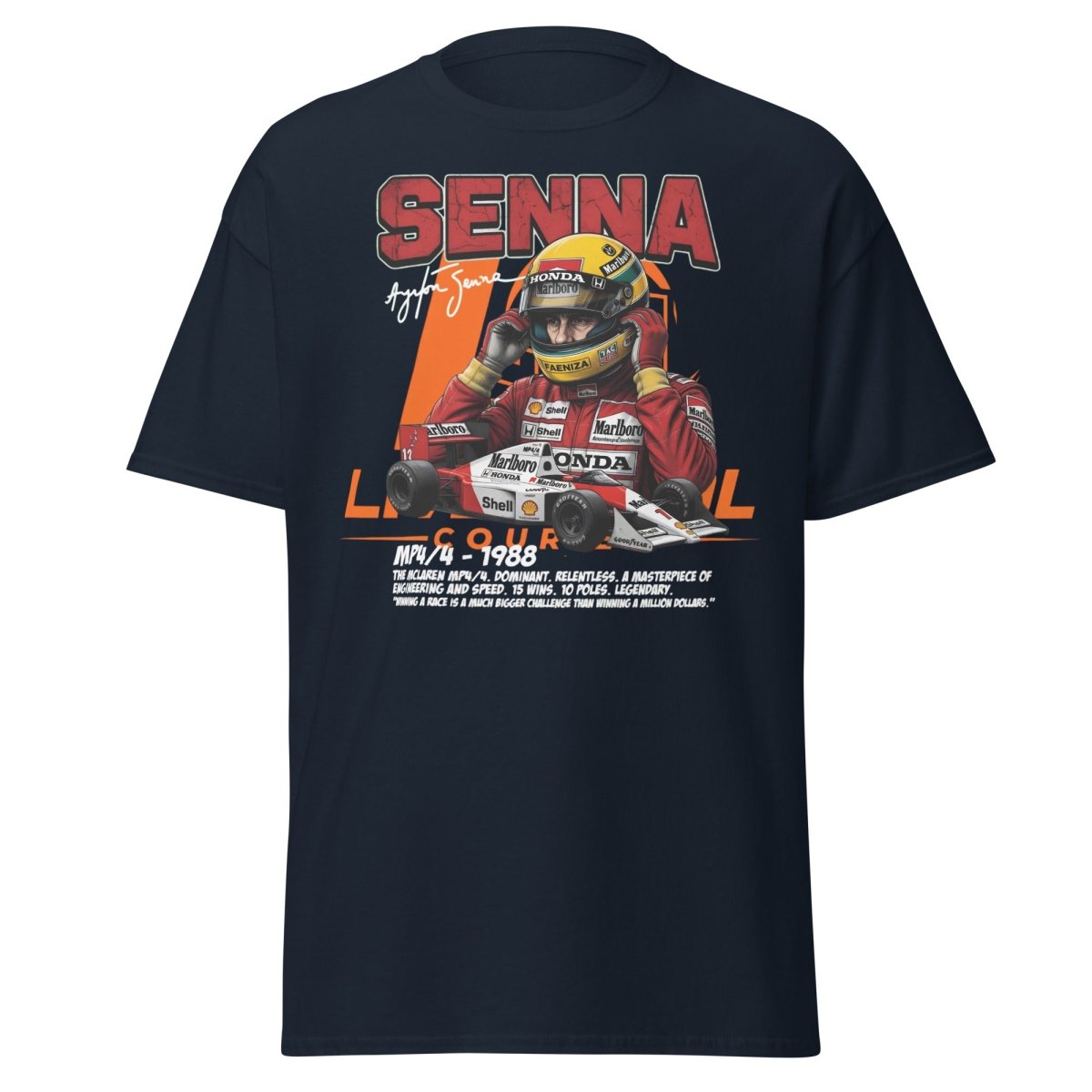 Ayrton Senna MP4/4 1988 McLaren F1 Racing T-Shirt - Navy - TeeRipple