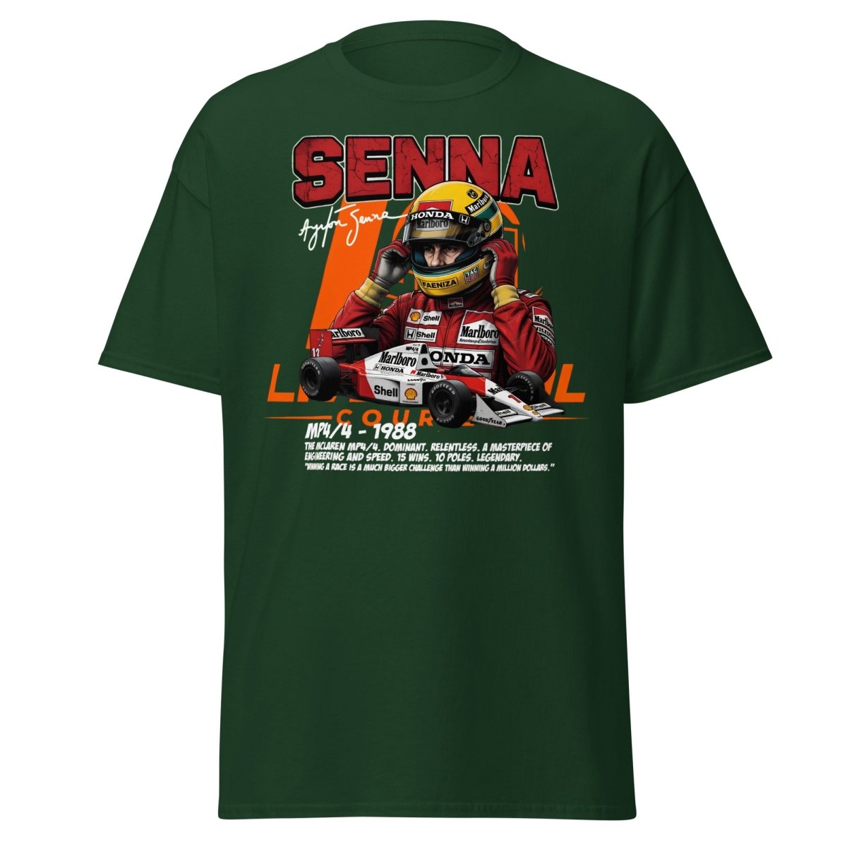 Ayrton Senna MP4/4 1988 McLaren F1 Racing T-Shirt - Forest Green - TeeRipple