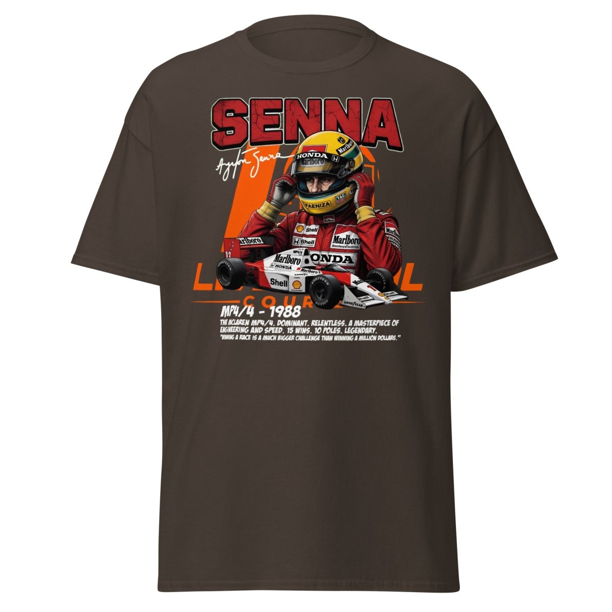 Ayrton Senna MP4/4 1988 McLaren F1 Racing T-Shirt - Dark Chocolate - TeeRipple