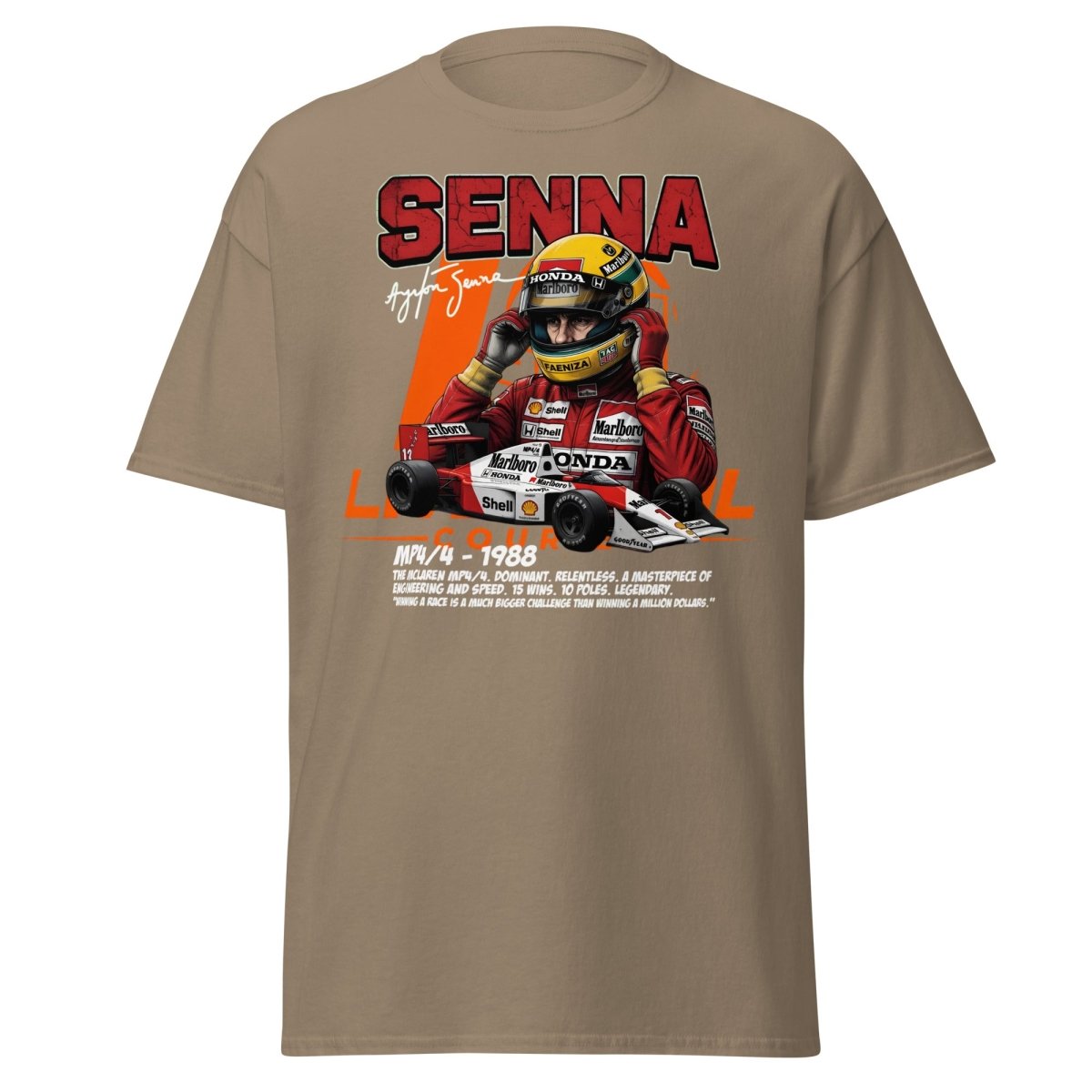 Ayrton Senna MP4/4 1988 McLaren F1 Racing T-Shirt - Brown Savana - TeeRipple