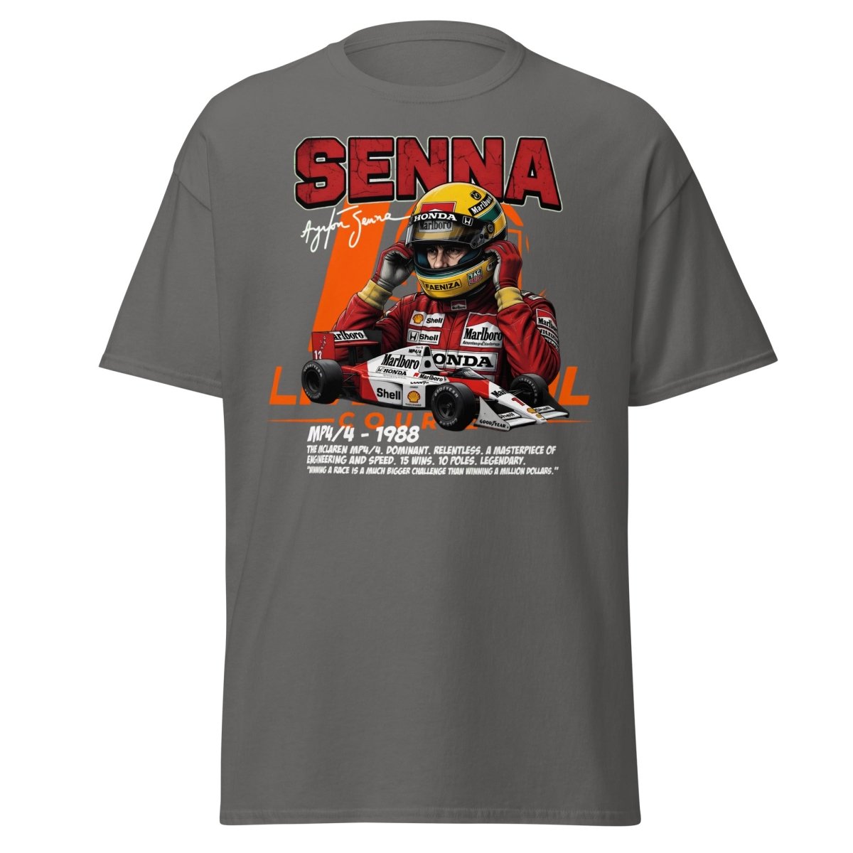 Ayrton Senna MP4/4 1988 McLaren F1 Racing T-Shirt - Charcoal - TeeRipple