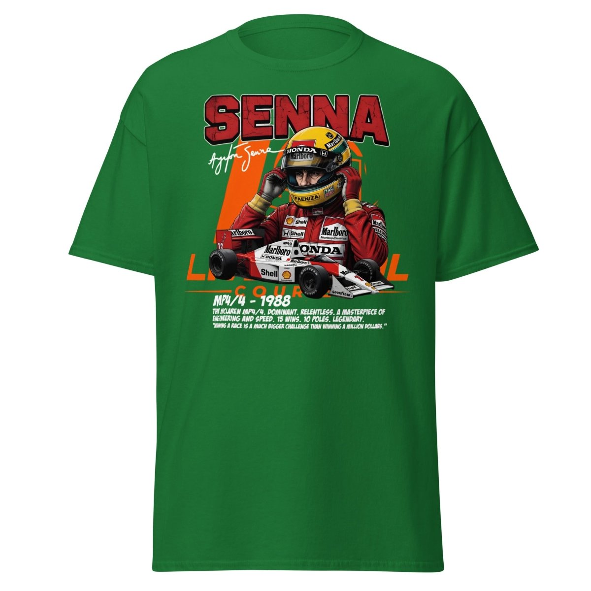Ayrton Senna MP4/4 1988 McLaren F1 Racing T-Shirt - Turf Green - TeeRipple