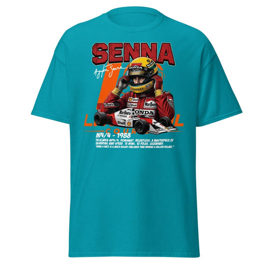 Ayrton Senna MP4/4 1988 McLaren F1 Racing T-Shirt - Tropical Blue - TeeRipple