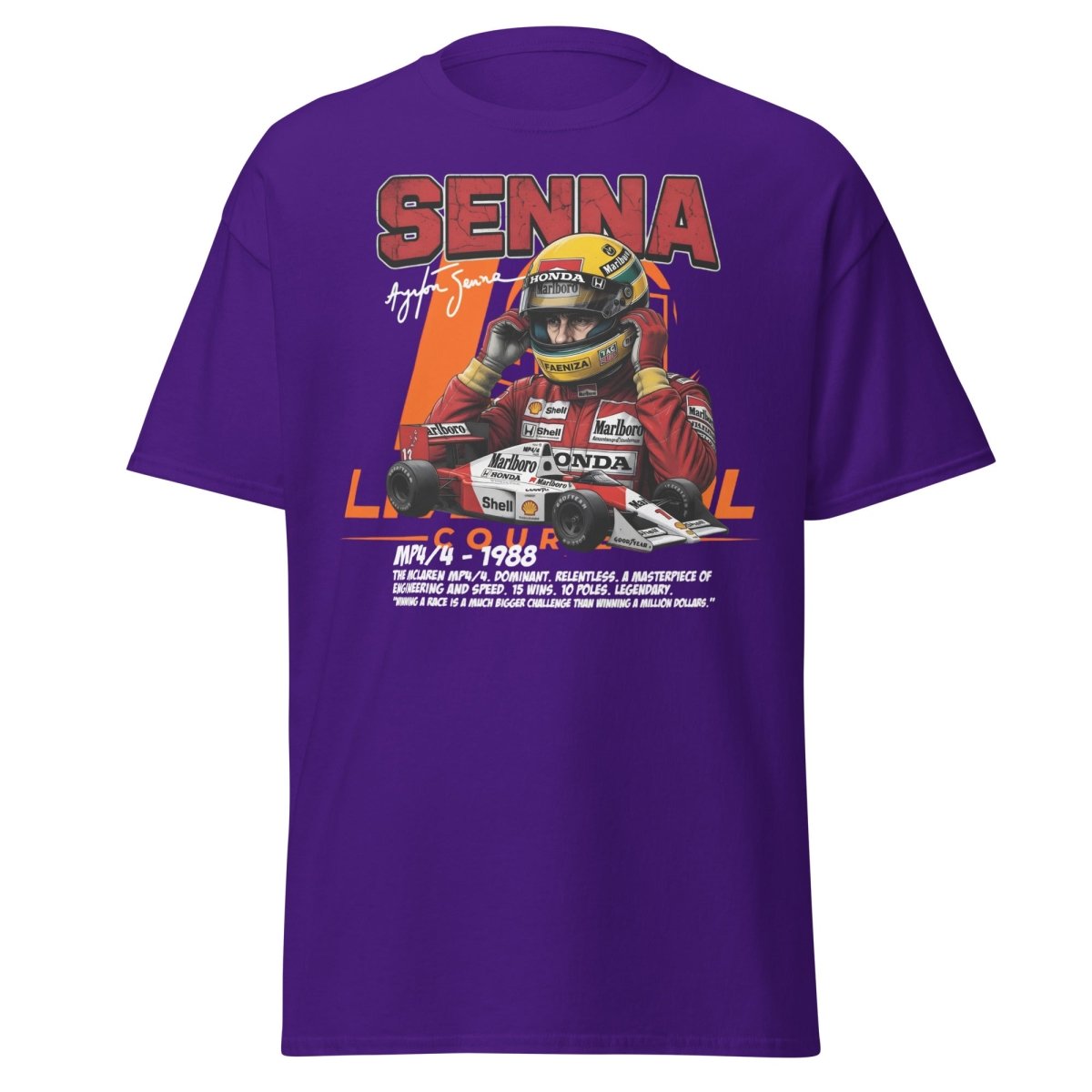 Ayrton Senna MP4/4 1988 McLaren F1 Racing T-Shirt - Purple - TeeRipple