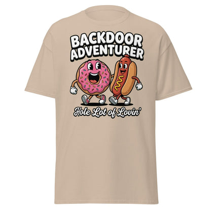 Backdoor Adventurer T-Shirt Funny Donut Hot Dog Adult Humor Tee - Sand - TeeRipple