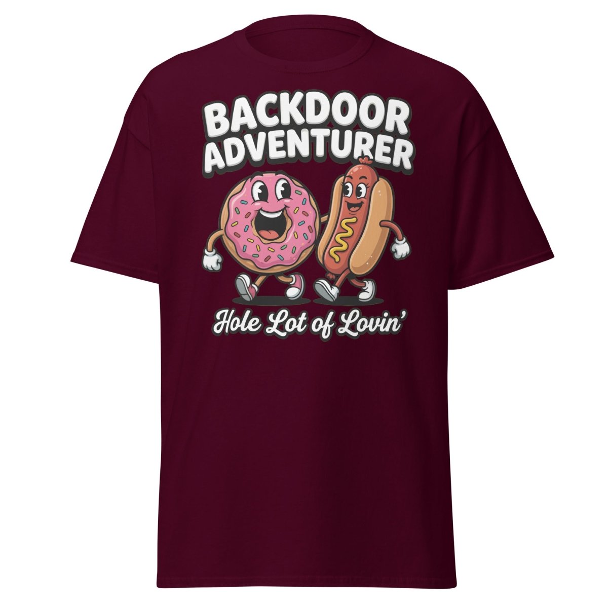 Backdoor Adventurer T-Shirt Funny Donut Hot Dog Adult Humor Tee - Maroon - TeeRipple