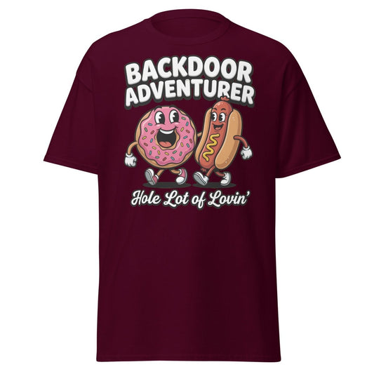 Backdoor Adventurer T-Shirt Funny Donut Hot Dog Adult Humor Tee - Maroon - TeeRipple