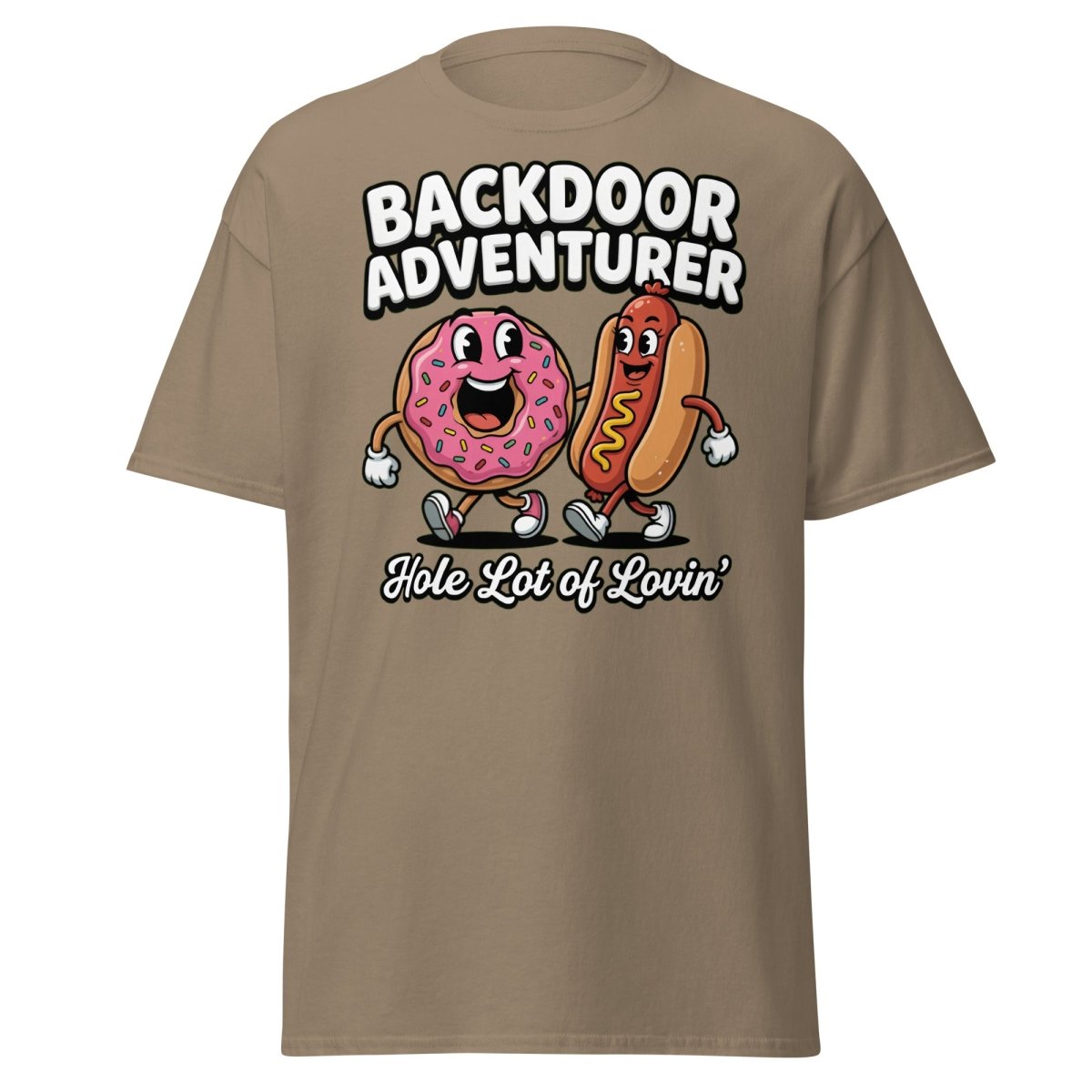 Backdoor Adventurer T-Shirt Funny Donut Hot Dog Adult Humor Tee - Brown Savana - TeeRipple