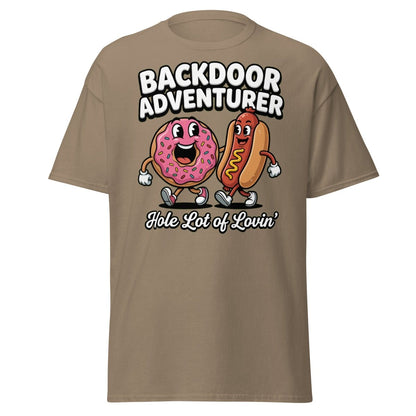 Backdoor Adventurer T-Shirt Funny Donut Hot Dog Adult Humor Tee - Brown Savana - TeeRipple