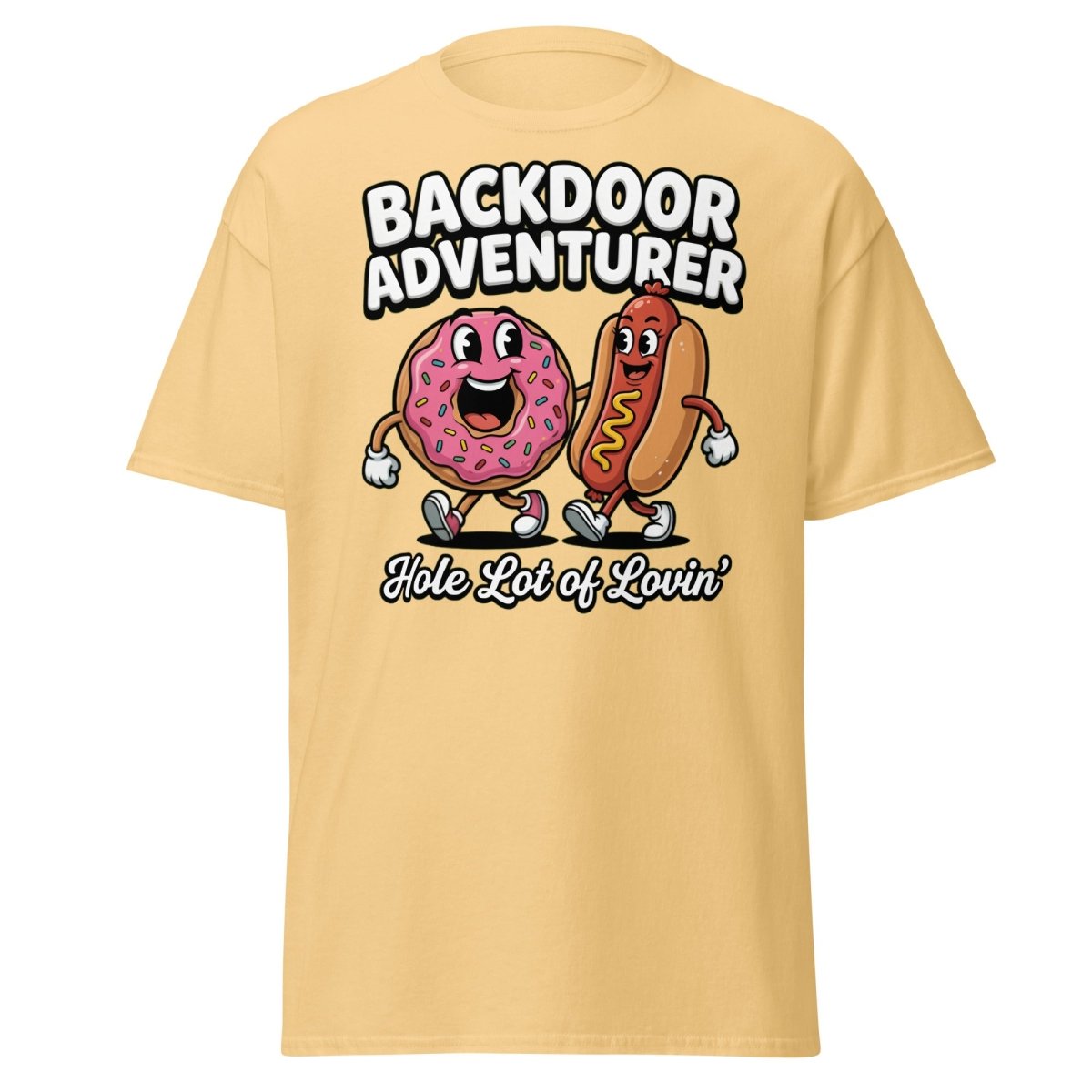 Backdoor Adventurer T-Shirt Funny Donut Hot Dog Adult Humor Tee - Yellow Haze - TeeRipple