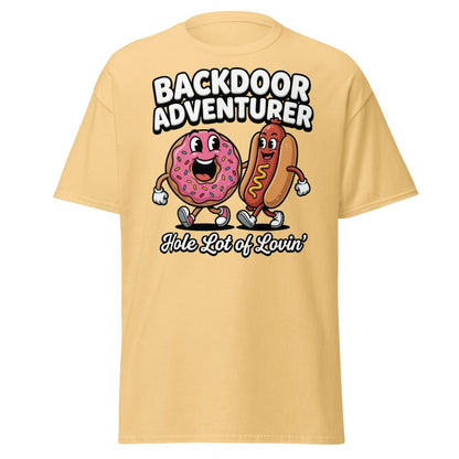 Backdoor Adventurer T-Shirt Funny Donut Hot Dog Adult Humor Tee - Yellow Haze - TeeRipple