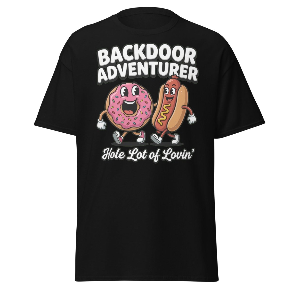 Backdoor Adventurer T-Shirt Funny Donut Hot Dog Adult Humor Tee - Black - TeeRipple