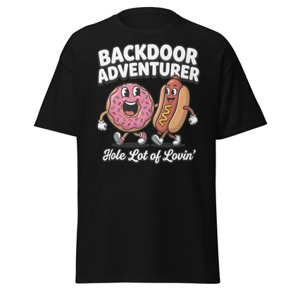 Backdoor Adventurer T-Shirt Funny Donut Hot Dog Adult Humor Tee - Black - TeeRipple
