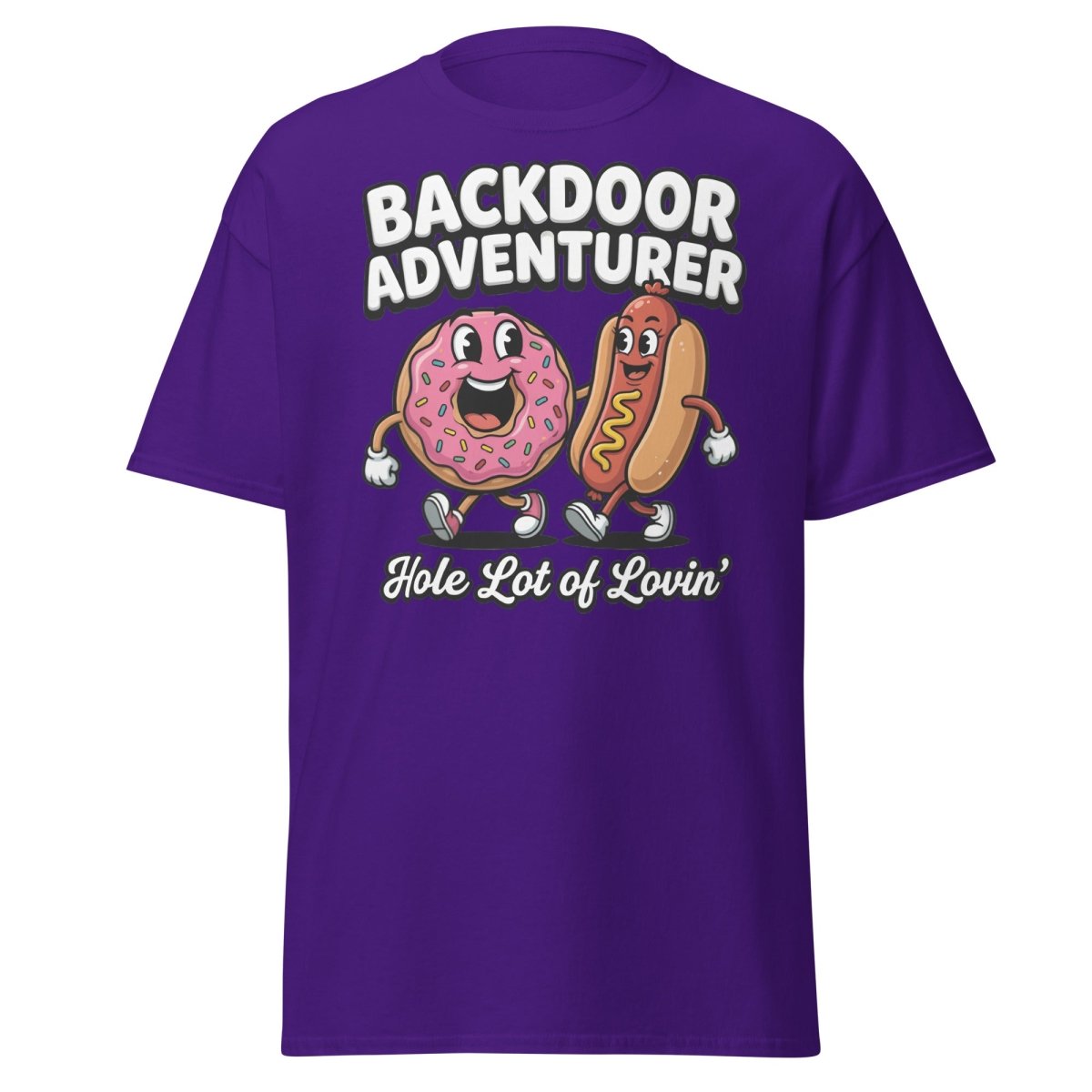 Backdoor Adventurer T-Shirt Funny Donut Hot Dog Adult Humor Tee - Purple - TeeRipple