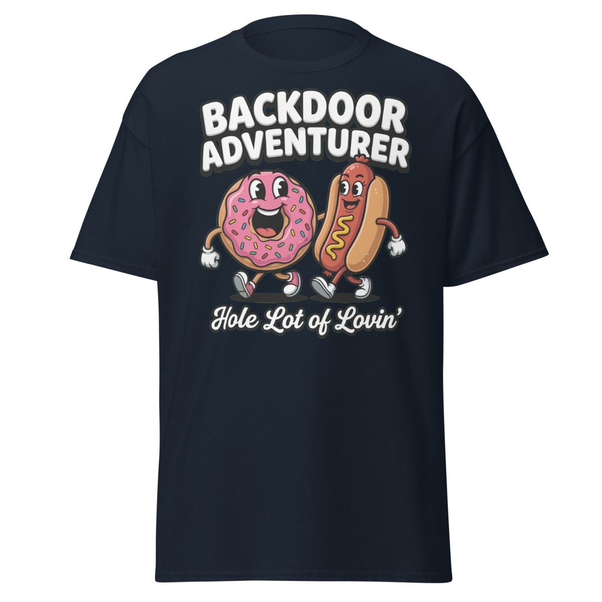 Backdoor Adventurer T-Shirt Funny Donut Hot Dog Adult Humor Tee - Navy - TeeRipple