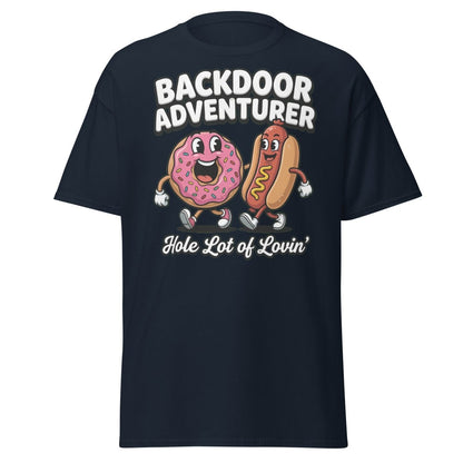 Backdoor Adventurer T-Shirt Funny Donut Hot Dog Adult Humor Tee - Navy - TeeRipple