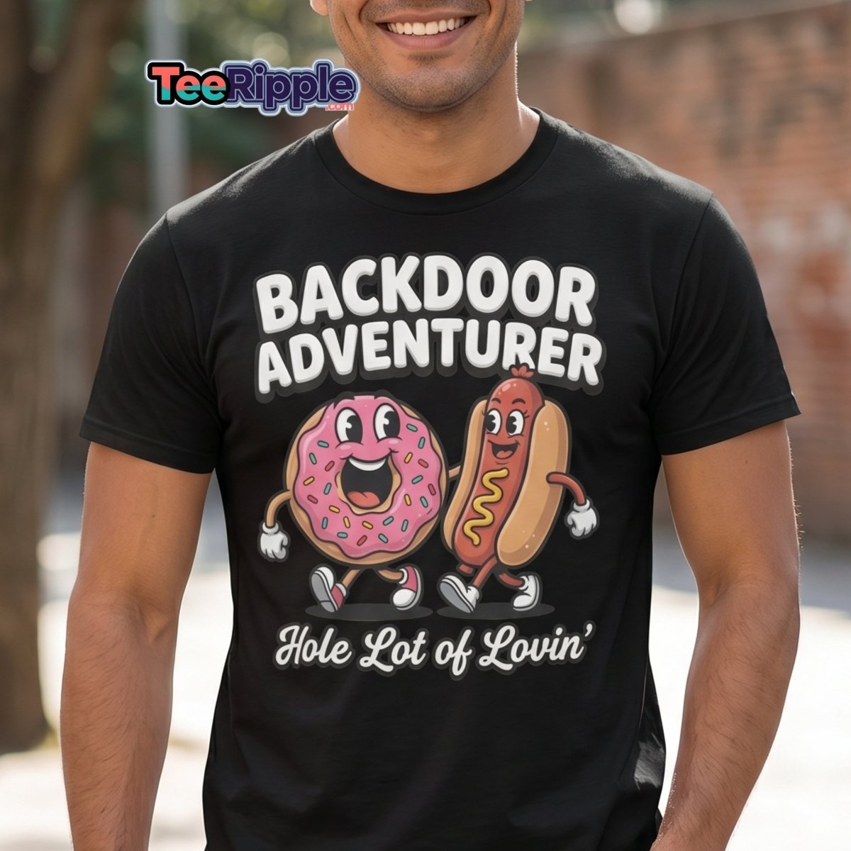 Backdoor Adventurer T-Shirt Funny Donut Hot Dog Adult Humor Tee - Maroon - TeeRipple