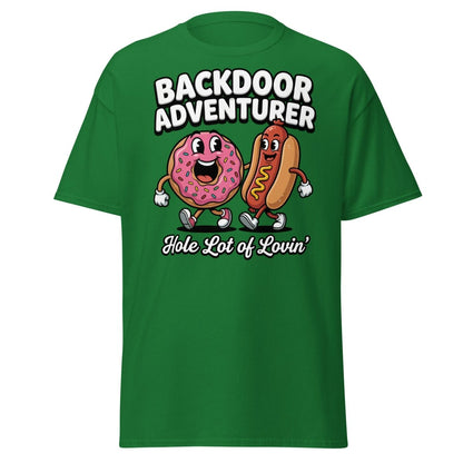 Backdoor Adventurer T-Shirt Funny Donut Hot Dog Adult Humor Tee - Turf Green - TeeRipple
