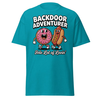 Backdoor Adventurer T-Shirt Funny Donut Hot Dog Adult Humor Tee - Tropical Blue - TeeRipple