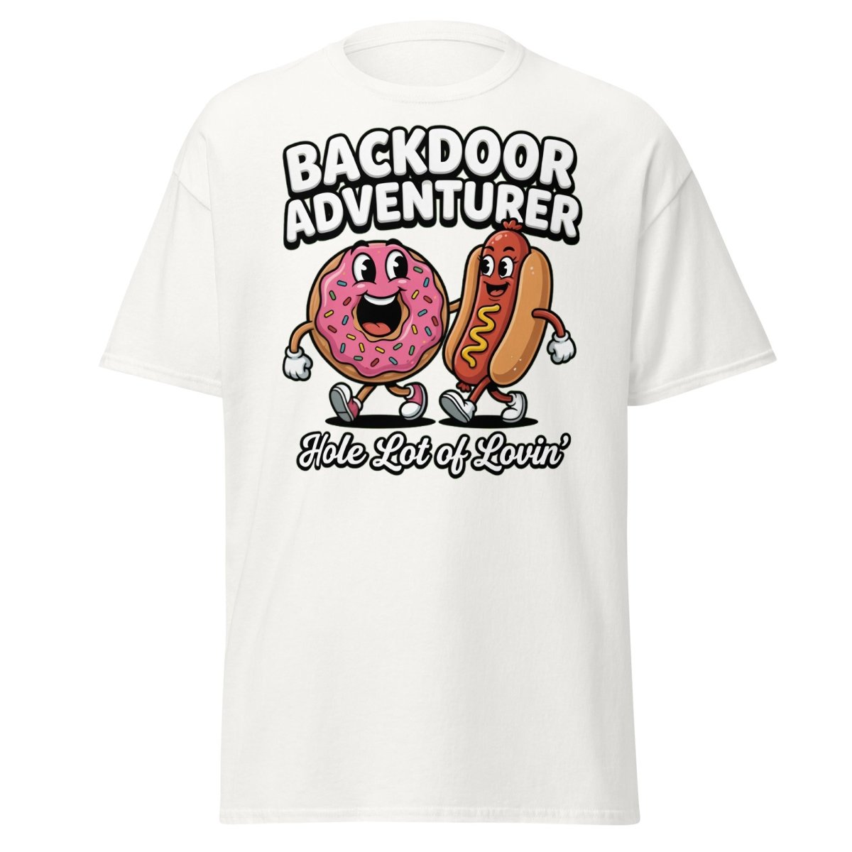 Backdoor Adventurer T-Shirt Funny Donut Hot Dog Adult Humor Tee - White - TeeRipple