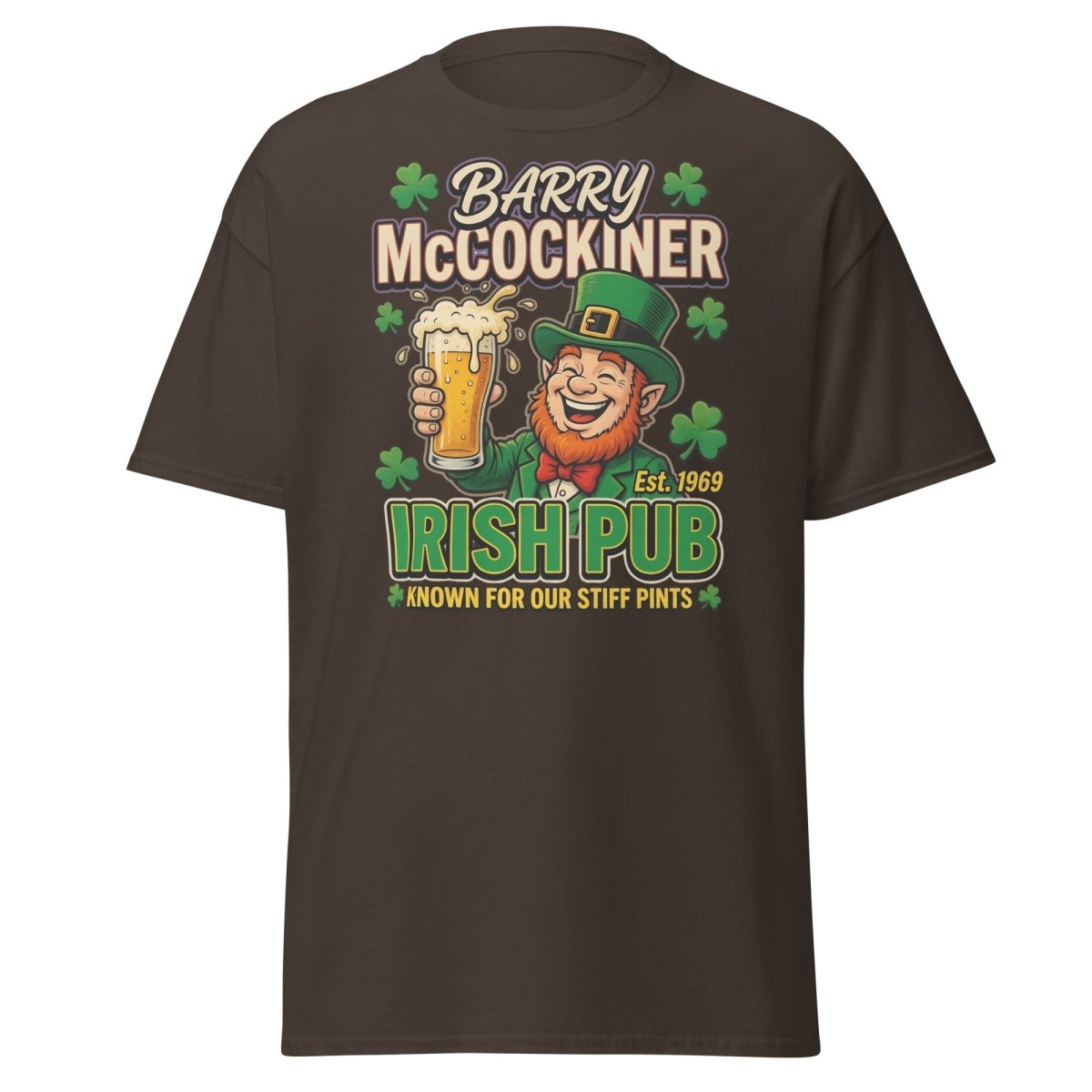 Barry McCockiner Irish Pub Funny Stiff Pints T-Shirt - Dark Chocolate - TeeRipple