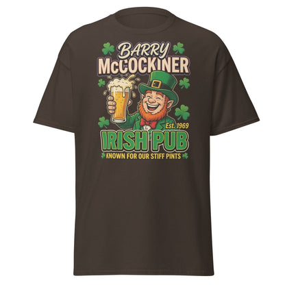 Barry McCockiner Irish Pub Funny Stiff Pints T-Shirt - Dark Chocolate - TeeRipple