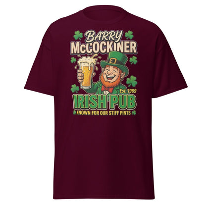 Barry McCockiner Irish Pub Funny Stiff Pints T-Shirt - Maroon - TeeRipple