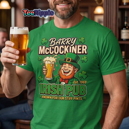 Barry McCockiner Irish Pub Funny Stiff Pints T-Shirt - Maroon - TeeRipple
