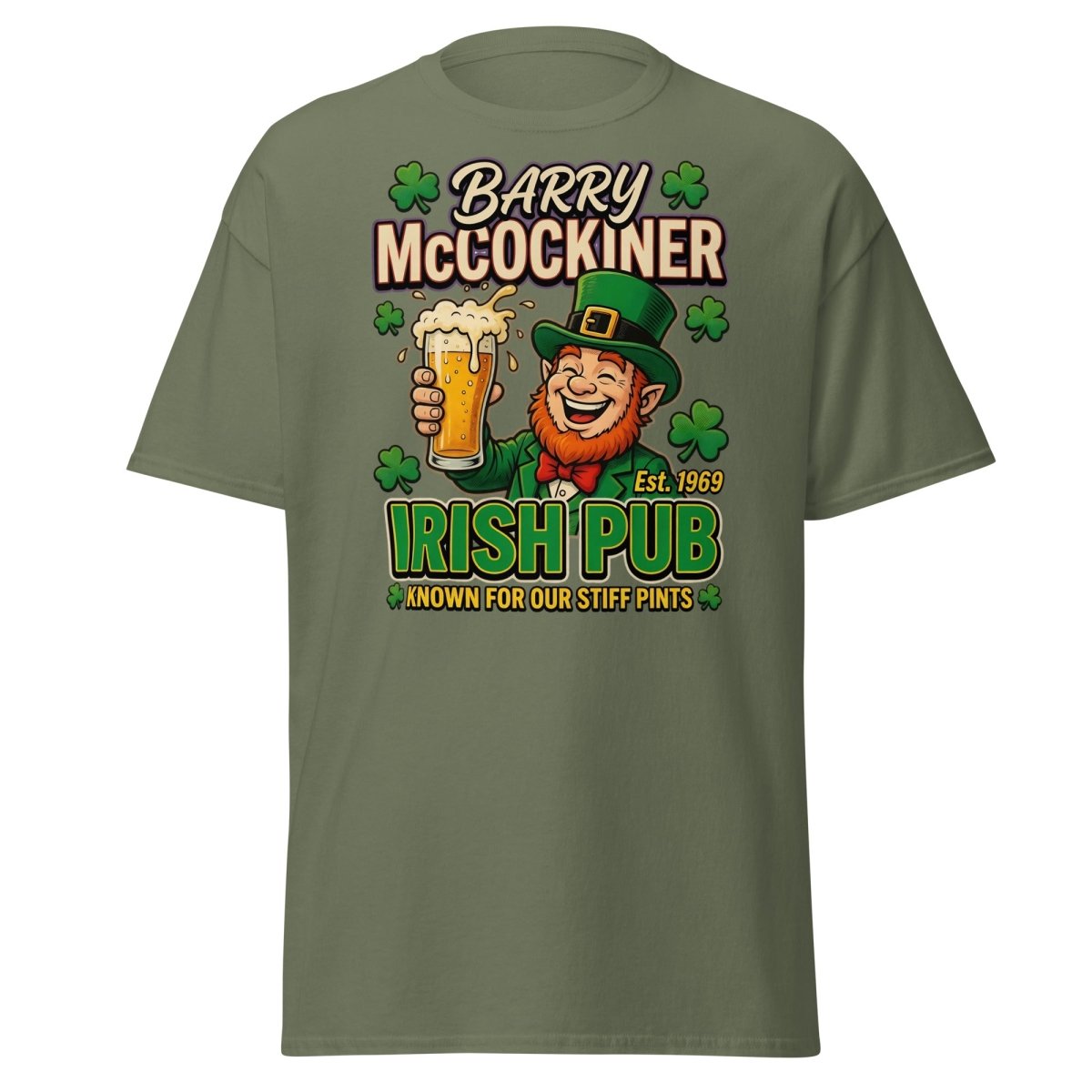 Barry McCockiner Irish Pub Funny Stiff Pints T-Shirt - Military Green - TeeRipple