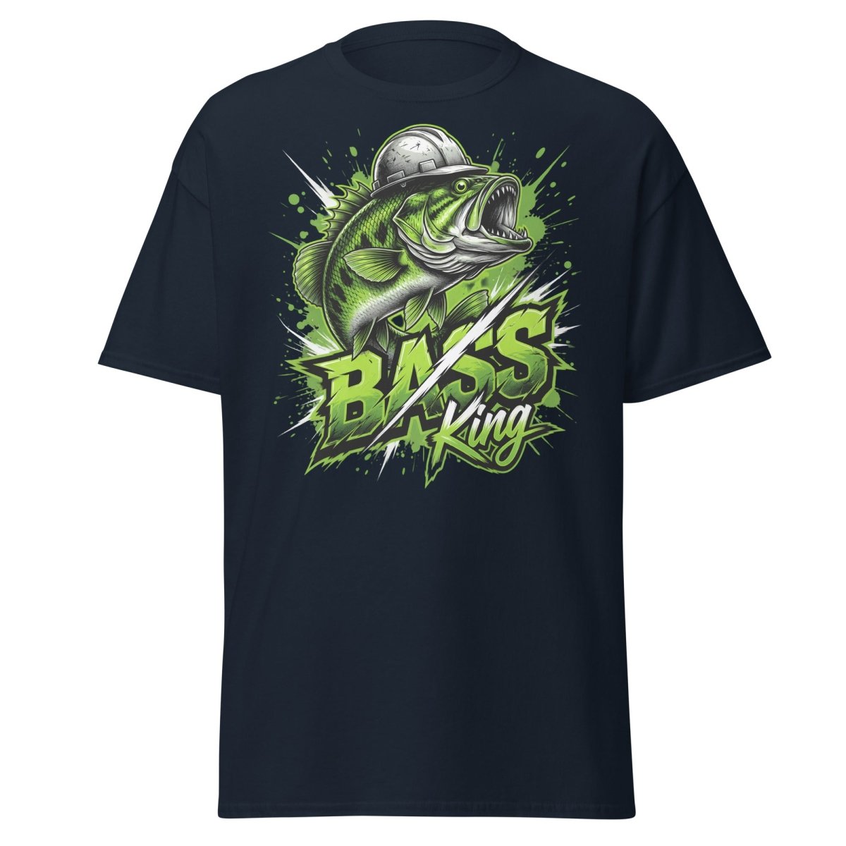 Bass King Hard Hat Fish T-Shirt – Funny Fishing Tee - Navy - TeeRipple