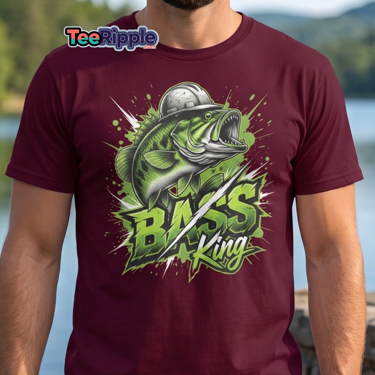 Bass King Hard Hat Fish T-Shirt – Funny Fishing Tee - Maroon - TeeRipple