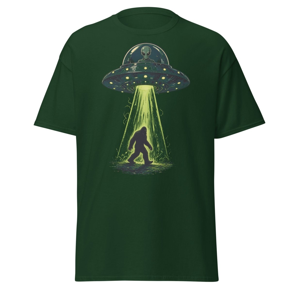 Bigfoot UFO Abduction Graphic T-Shirt - Forest Green - TeeRipple